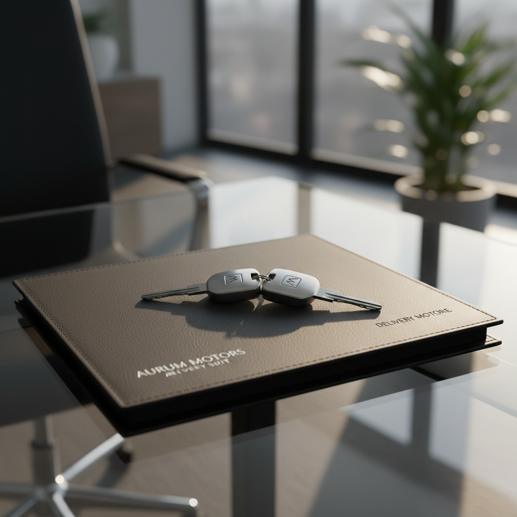A pristine vehicle key handover image featuring a set of sleek metallic car keys with an understated logo, resting on a dark leather folder emblazoned with minimalist dealership branding. The objects are arranged on a glass-topped executive desk in a sunlit office corner, where warm, indirect natural light creates subtle highlights and gentle shadows, enhancing material textures. The composition is tightly cropped from a top-down viewpoint, emphasizing clean lines and an uncluttered aesthetic. This scene conveys professionalism, reliability, and readiness for immediate vehicle delivery, supporting the site's focus on seamless, trustworthy transactions.