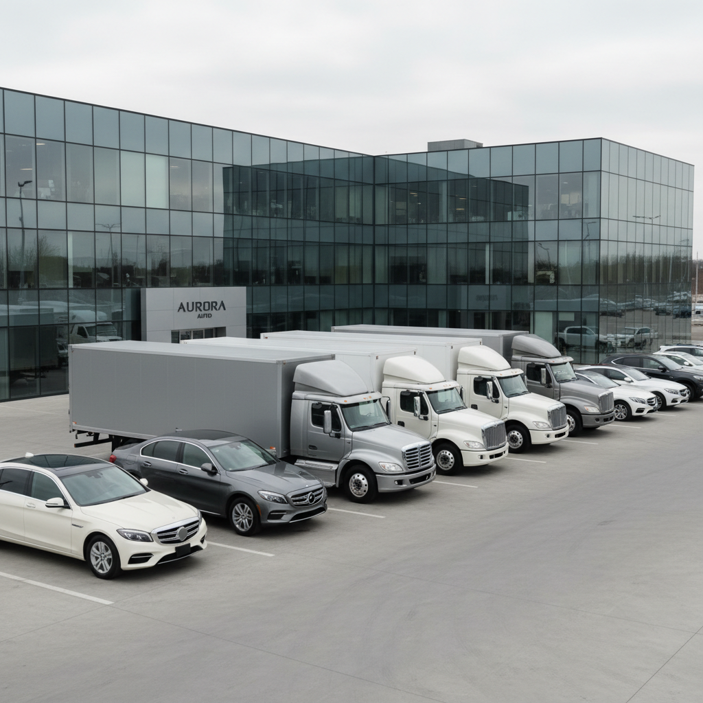 A fleet of newly cleaned, gleaming cargo trucks and modern personal vehicles arranged in a neat row inside a spacious, immaculately maintained dealership lot. The vehicles, finished in understated neutral tones such as metallic silver, graphite, and frost white, display subtle reflections on their polished surfaces. They are positioned on smooth concrete, backed by a sleek, glass-fronted office building with minimal signage. Overhead, a gentle natural daylight fills the scene, creating even illumination and gentle, soft-edged shadows beneath each vehicle. The mood is professional, trustworthy, and orderly. Shot from a slightly elevated, wide-angle perspective with sharp clarity throughout, the composition emphasizes clean lines, corporate structure, and modern photographic realism, suitable for a professional vehicle sales platform.