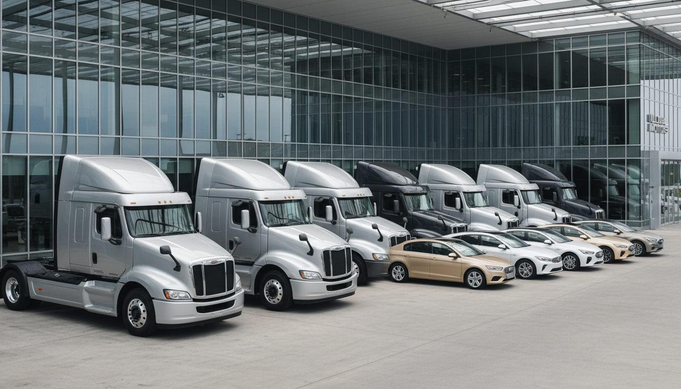 A fleet of newly cleaned, gleaming cargo trucks and modern personal vehicles arranged in a neat row inside a spacious, immaculately maintained dealership lot. The vehicles, finished in understated neutral tones such as metallic silver, graphite, and frost white, display subtle reflections on their polished surfaces. They are positioned on smooth concrete, backed by a sleek, glass-fronted office building with minimal signage. Overhead, a gentle natural daylight fills the scene, creating even illumination and gentle, soft-edged shadows beneath each vehicle. The mood is professional, trustworthy, and orderly. Shot from a slightly elevated, wide-angle perspective with sharp clarity throughout, the composition emphasizes clean lines, corporate structure, and modern photographic realism, suitable for a professional vehicle sales platform.