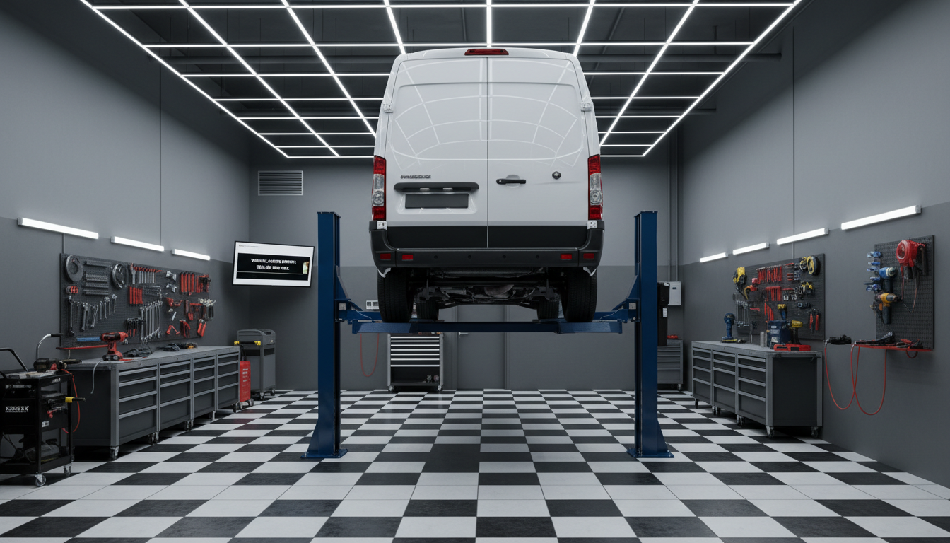 A tidy, well-lit vehicle inspection bay featuring a cargo van elevated on a pristine hydraulic lift, spotlighted under cool-toned, even overhead LED garage lights. Tools are organized on sleek metal racks against matte gray walls, and the checkered epoxy floor is spotless. The focus is on the van’s undercarriage, shown in sharp detail, illustrating transparency about vehicle condition. The framing employs a centered, eye-level composition with everything in crisp focus, reinforcing the technical and trustworthy mood. The scene expresses a professional, structured environment in photographic realism, supporting the site's commitment to vehicle quality and readiness for sale.