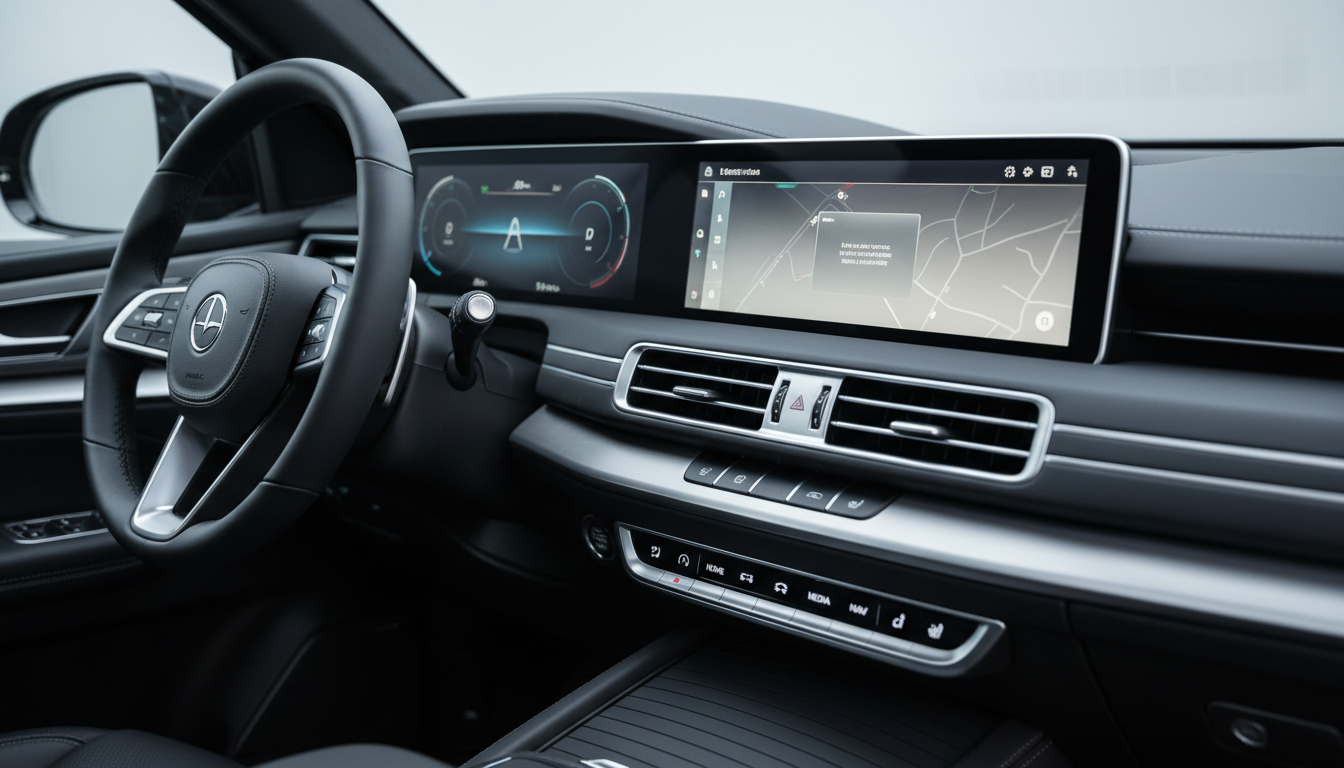 A close-up of a luxury SUV’s dashboard and steering wheel, showcasing fine-grain matte black and brushed aluminum finishes, accented by crisp, backlit digital displays and symmetrical air vents. The interior is bathed in cool, soft diffused light simulating an overcast day, enhancing the clean, neutral palette and highlighting the sculpted materials. The vehicle's logo is subtly visible but not dominant, underscoring brand-neutral professionalism. Captured from the passenger side, the shot focuses on the dashboard’s layout and textured details with a shallow depth of field. The atmosphere is high-end and sophisticated, giving a sense of quality and transparency in vehicle presentation. The visual style adheres to minimalist corporate aesthetics, reflecting site integrity.